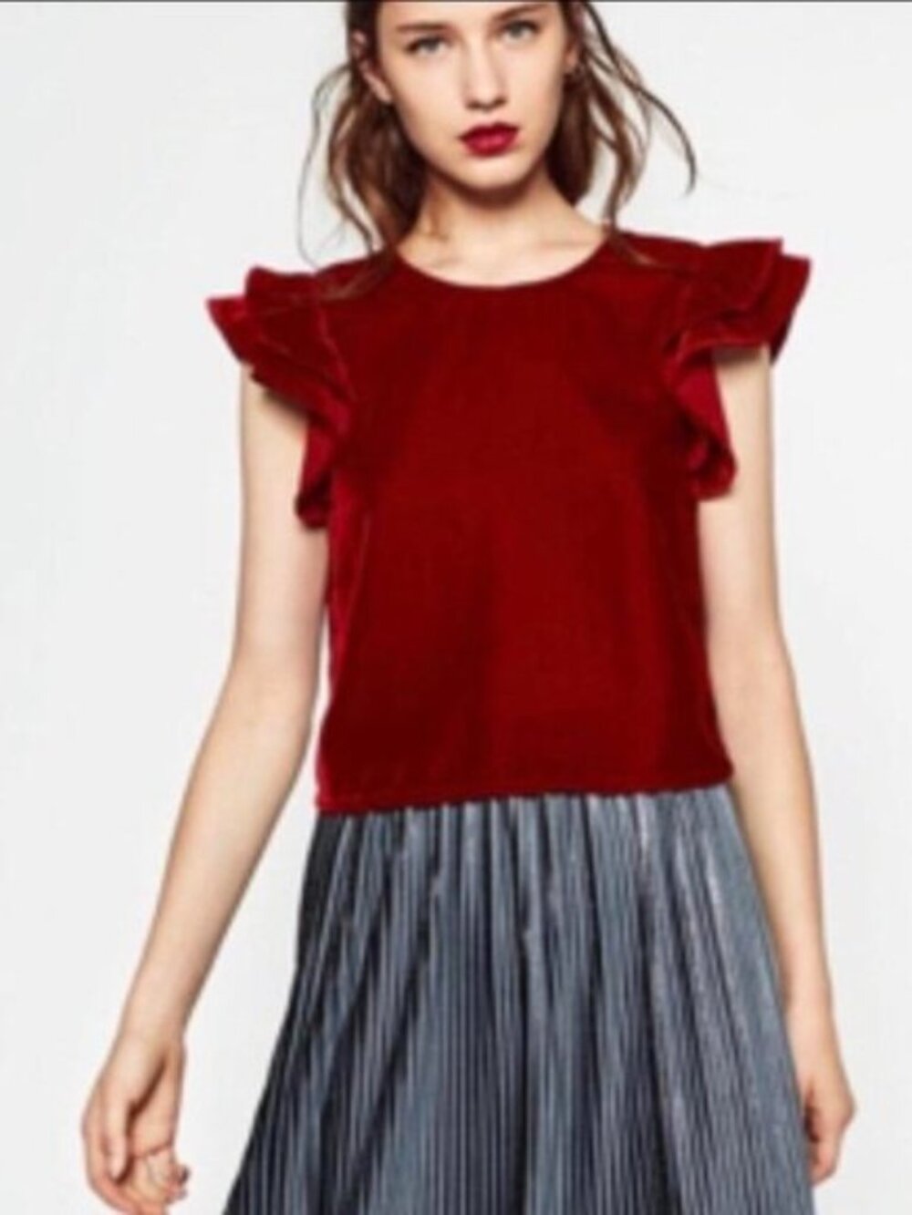 Zara (M) Deep Ruby Red Velvet Short Flutter Sleeve Boxy Fit Top